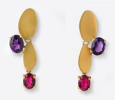 Ariane Zurcher Jewelry - The Lotus Collection - 18 Kt Brushed Gold, Amethyst & Ruby Earrings